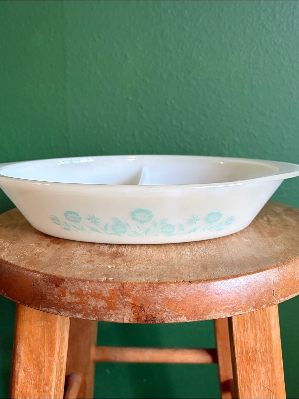 Vintage Glasbake split Casserole Blue Floral or Crazy Daisy pattern